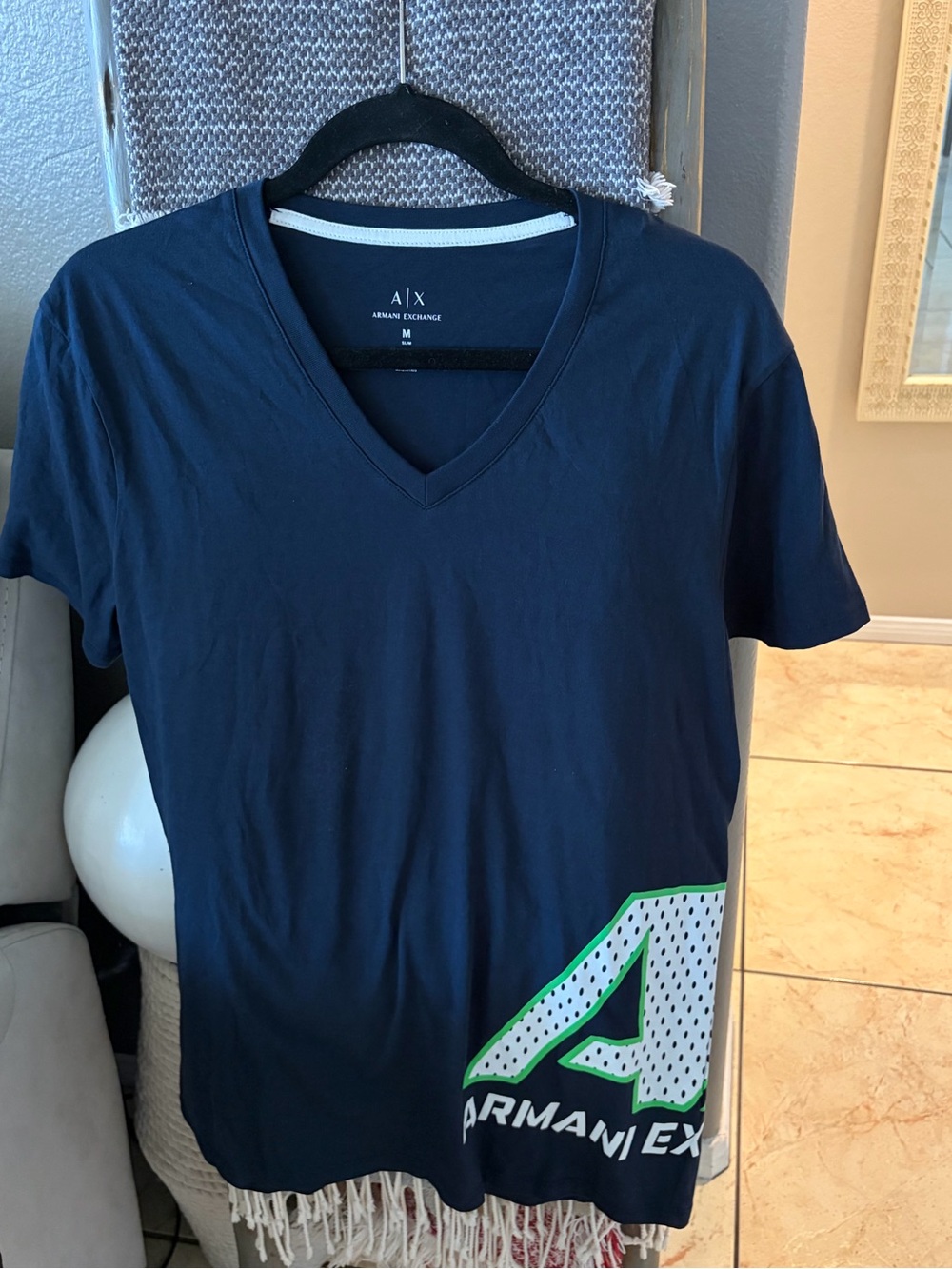 Armani Exchange Navy V-Neck Tee with Green and White Logo